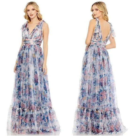 NWT Mac Duggal 113312 FLORAL PRINT RUCHED SOFT TIE SLEEVELESS GOWN BLUE MULTI - Picture 1 of 9